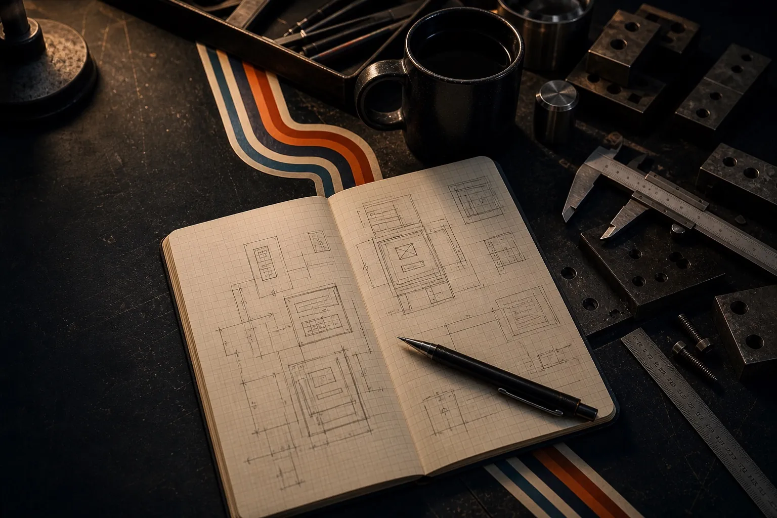 Concept artwork of interface sketches, tools, and a notebook on a studio workbench