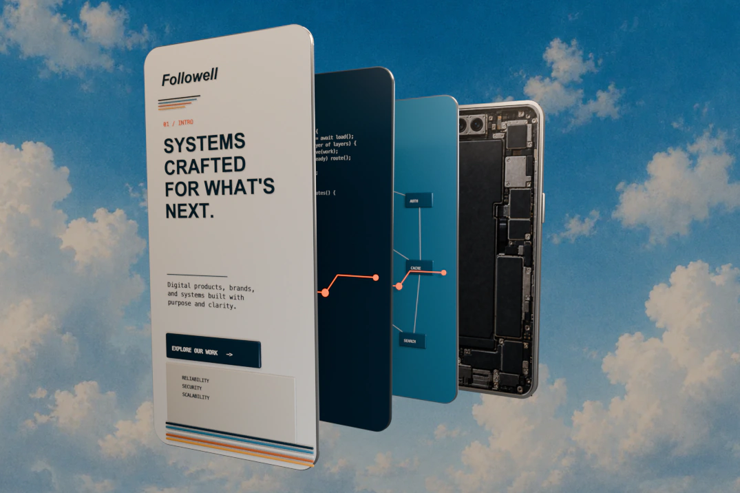 Original exploded-phone artwork from the Followell identity system