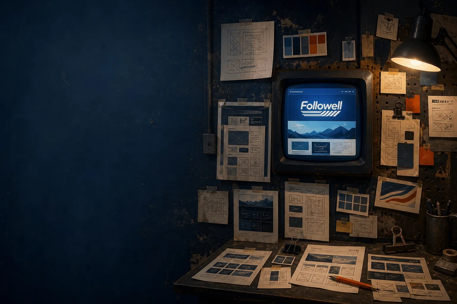 Concept artwork of a Followell website surrounded by design studies in a workshop
