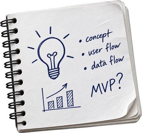 White spiral notebook with a hand-drawn lightbulb, concept notes, and an MVP sketch