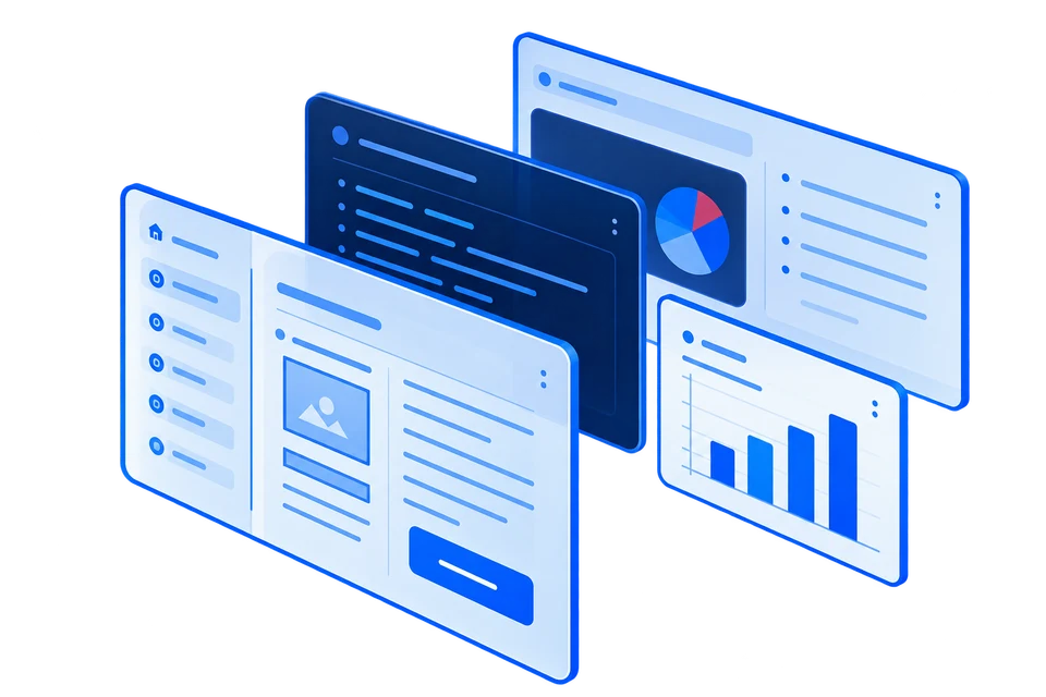 Layered custom interface panels with charts and controls