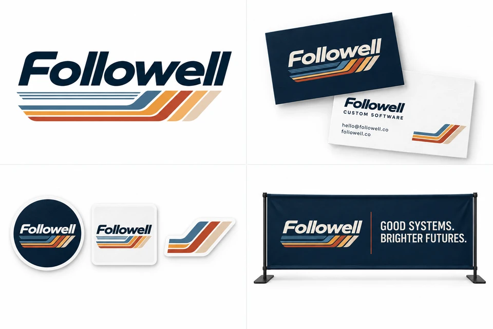 Followell brand design concepts: primary logo, business cards, die-cut stickers and decals, and a coordinated banner