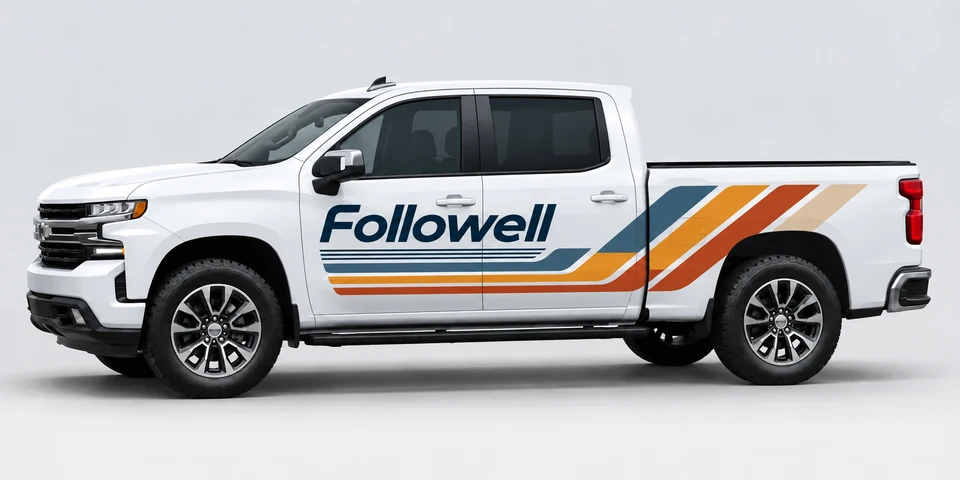 Vehicle wrap design mockup showing Followell wordmark and signature stripes on a white pickup