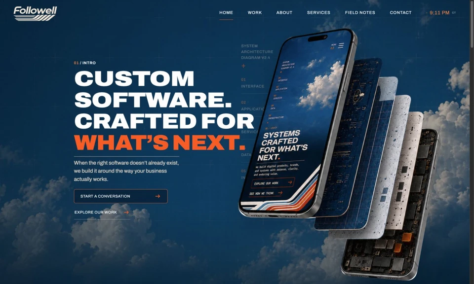 Followell home page with clouds, an exploded phone, and the headline Custom software. Crafted for what’s next.