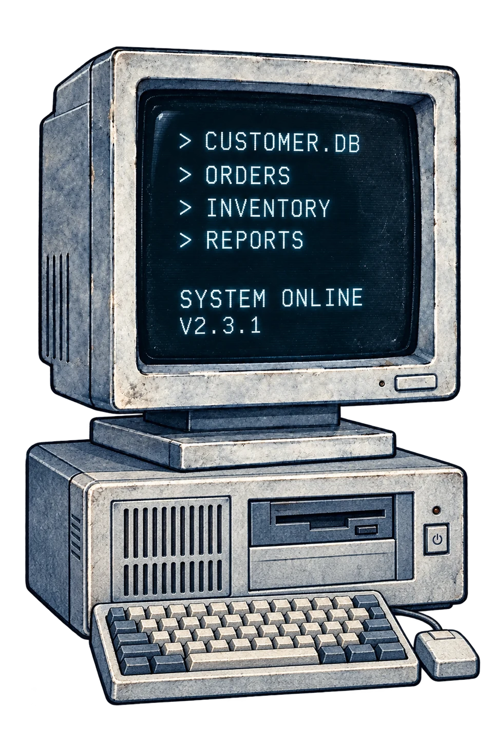 Legacy application on a worn CRT monitor, raised on a vintage desktop computer with keyboard and wired mouse