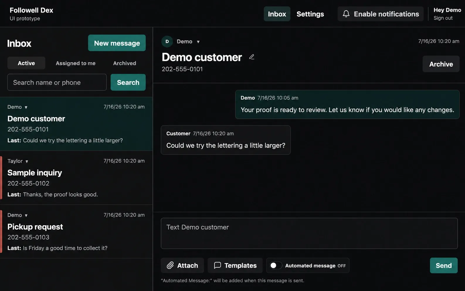 Followell Dex dark mode interface concept showing the full customer inbox, team assignment, messages, and reply composer
