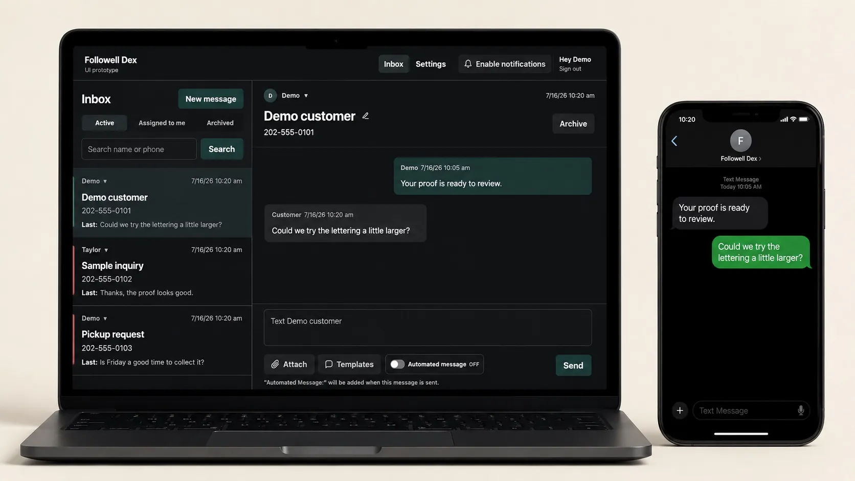 Followell Dex dark inbox on a laptop alongside an iPhone displaying the same customer text conversation