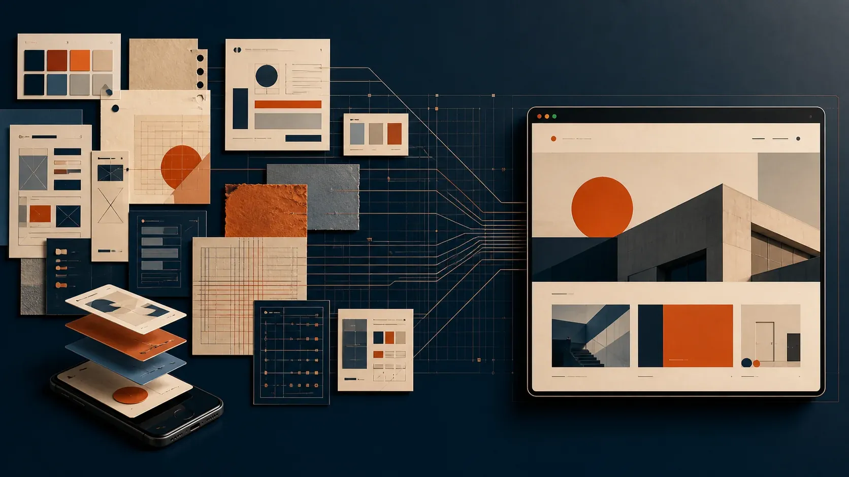 Editorial composition of a website system, source artwork, layout fragments, and production code