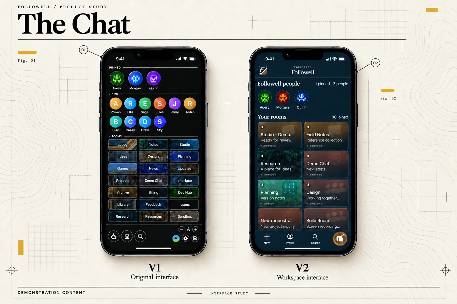 The Chat V1 and V2 interfaces in iPhone mockups on a technical grid and contour background