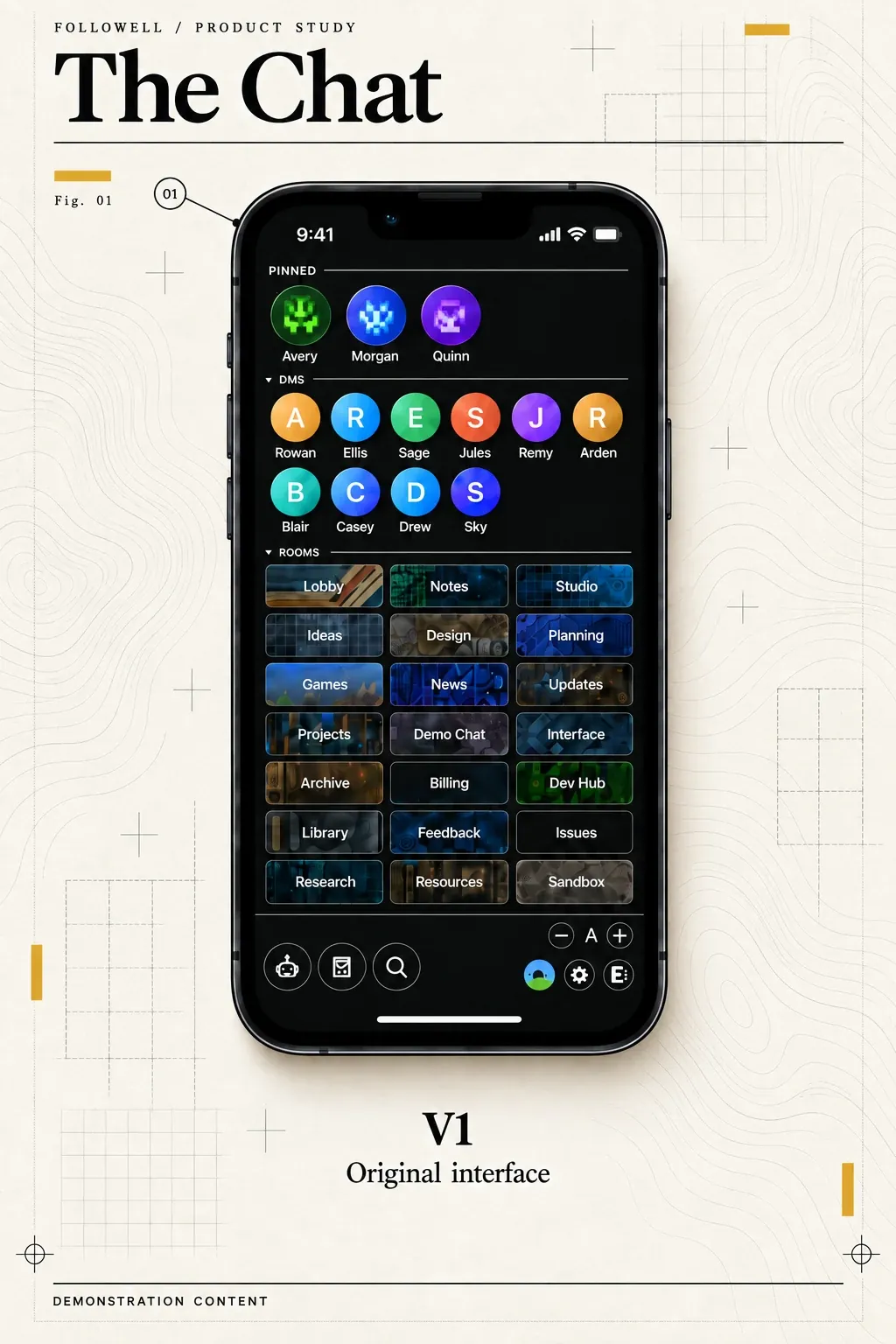 V1 original interface with pinned people, direct messages, and a compact room directory