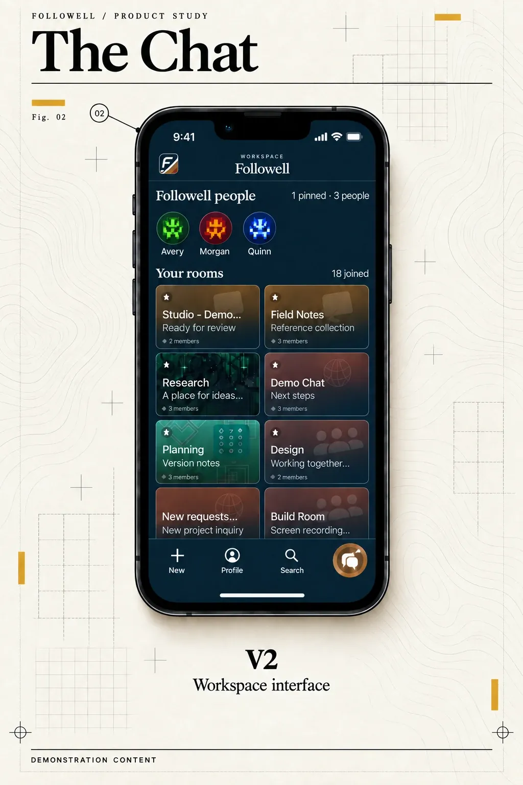 The Chat V2 workspace interface in a portrait iPhone mockup with fictional Followell demo content